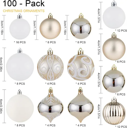 Miniatura 2 de Juego de adornos de bolas de Navidad surtidas de 100 unidades, decoración de árbol de Navidad de temporada inastillable con paquete de regalo Dorado