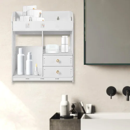 Miniatura 2 de Botiquín de baño, armario de baño montado en la pared con 2 puertas, 3 estantes abiertos, fuerte adhesivo sin clavos, gabinete de almacenamiento