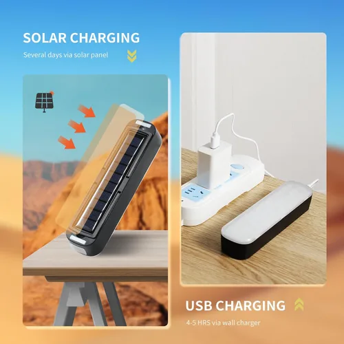 Miniatura 2 de Linterna solar recargable para campamento, 2000 lúmenes, 4 modos de luz, carga solar y USB (negro)