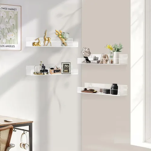 Miniatura 6 de Estante de especias acrílico transparente montado en la pared, estante flotante de 15 pulgadas con protectores de extremo extraíbles para armario