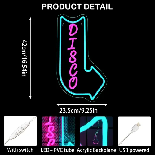 Miniatura 5 de Looklight Letreros de neón de disco para decoración de pared, letrero de luz LED rosa y azul, letrero de neón con letras iluminadas USB, letrero