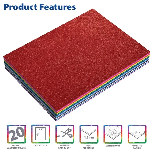 Miniatura 3 de Better Office Products - Paquete de 20 hojas de espuma con purpurina con respaldo adhesivo, 9 x 12 pulgadas, 20 colores surtidos, para artes