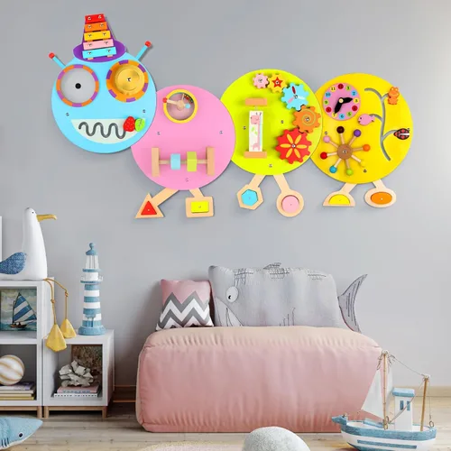 Miniatura 5 de Paneles de pared de actividades Caterpillar para niños pequeños: juguete sensorial de pared 12 actividades, juguete montado en la pared, decoración