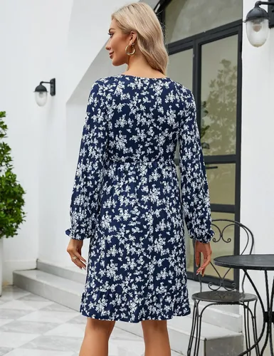 Miniatura 5 de Coolmee Vestido de maternidad de manga corta con volantes y cuello en V para mujer, vestido de verano casual fruncido fluido para baby shower