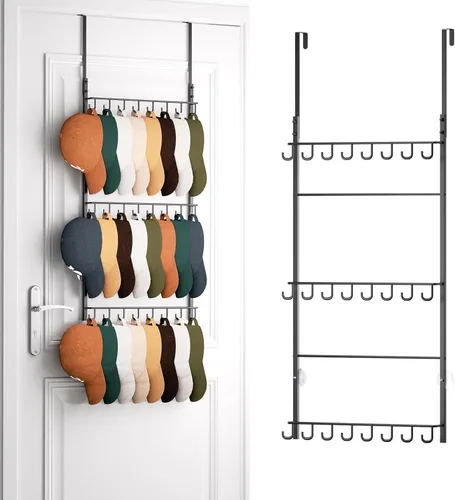 Miniatura 15 de HapiRm Perchero para Puerta - Organizador de Sombreros de 3 Niveles Montado en la Pared con 16 Ganchos y 10 Clips Móviles, Organizador de Sombreros