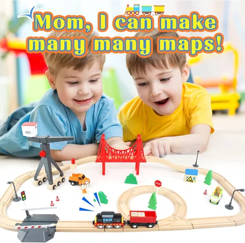 Miniatura 7 de WOOD CITY Juego de tren de madera, 56 piezas de lujo para niños de 2, 3, 4, 5 años, pista de tren temática de carga con grúa torre y puente