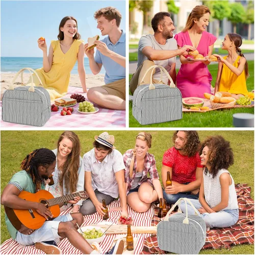 Miniatura 7 de Bolsa de almuerzo para mujer, lonchera térmica para viajes, trabajo, picnic, bolsas de almuerzo de gran capacidad para adultos (rayas negras)