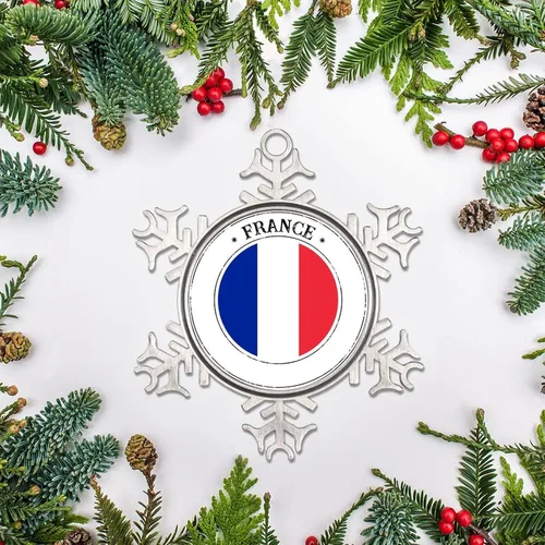 Miniatura 4 de Adorno de copo de nieve de metal navideño Bandera de Francia colgante de copo de nieve de peltre personalizado recuerdo decorativo para Navidad Año