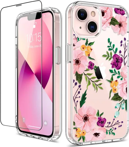 Miniatura 10 de Funda para iPhone 13 con protector de pantalla, transparente con diseño floral para niñas y mujeres, a prueba de golpes, con funda de parachoques