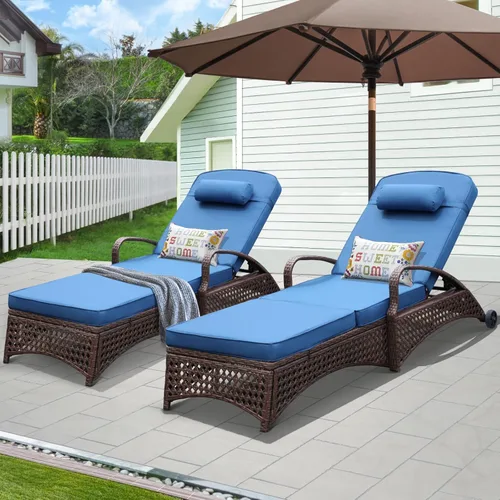 NOBLEMOOD Sillón de mimbre para exteriores con ruedas, silla reclinable ajustable de 6 posiciones con cojín de tela gruesa azul y almohada, paquete