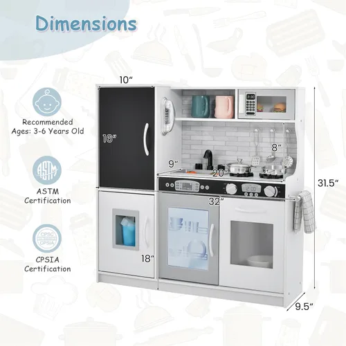 Miniatura 4 de MAT EXPERT Juego de cocina para niños, cocina de juguete de chef de madera con pizarra, máquina de hielo, accesorios de utensilios de cocina, Blanco