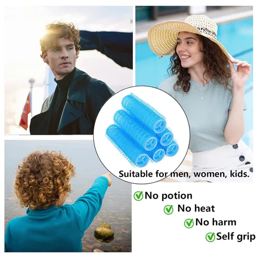Miniatura 4 de Juego de 24 rodillos autoadhesivos sin calor para peluquería profesional y peluquería de bricolaje, rizadores de pelo medianos cortos con peine