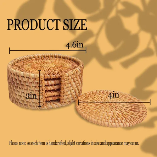 Miniatura 3 de Juego de 6 posavasos de ratán hechos a mano con soporte, posavasos bohemios de mimbre natural, resistentes al calor para bebidas frías y calientes