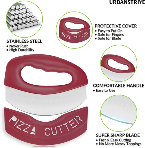 Miniatura 3 de Urbanstrive Cortador de pizza de acero inoxidable resistente con tapa, cuchillo de pizza de hoja súper afilada, cortador de pizza, accesorios de Rojo