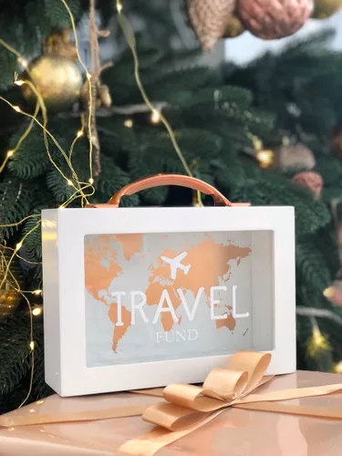 Miniatura 4 de Caja de dinero de sombra para ahorro de viaje - Banco de monedas para adultos - Tarro de vacaciones - Caja de ahorro blanca con asa - Fondo de luna