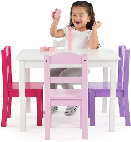 Miniatura 2 de Tot Tutors Juego de mesa y 4 sillas de madera para niños, Espresso (Colección Espresso), Madera, blanco/rosa/púrpura (White/Pink/Purple)