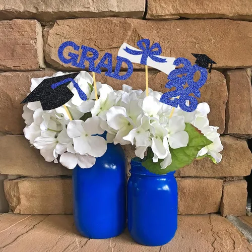 Miniatura 3 de Centro de mesa de graduación Decoración de mesa de centro de fiesta, palillos con purpurina, tapa de graduación para clase, fotomatón, favores, azul
