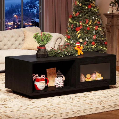 Miniatura 7 de HSH Mesa auxiliar negra para sala de estar, mesas de centro rectangulares de madera moderna de 47 pulgadas con puerta corredera y estante abierto