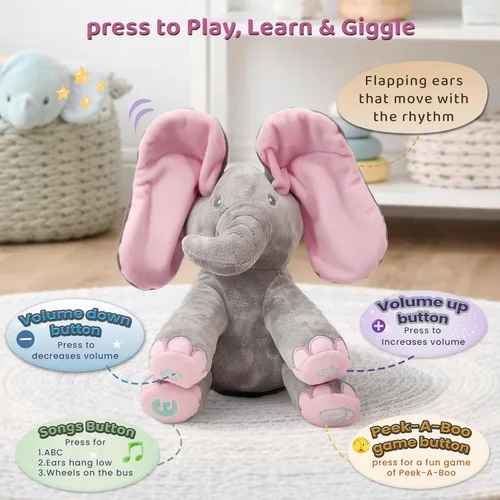 Miniatura 3 de Dimple Kaia Elefante de Peek A Boo, Animal de Peluche Cantando Interactivo con Orejas en Movimiento, Animal de Peluche Musical para Bebés y Niños
