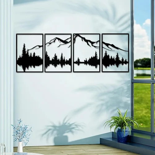 Miniatura 3 de YIYA 4 piezas de arte de pared de metal de montaña, decoración de pared de metal negro decorativo de bosque grande, esculturas de pared verticales