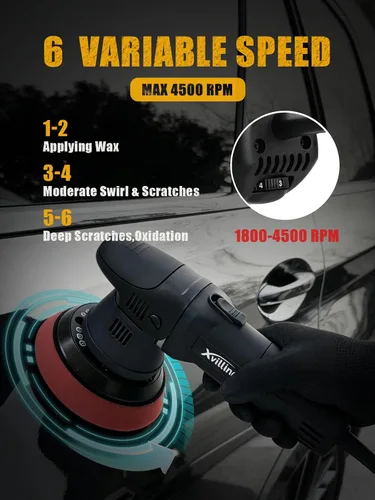 Miniatura 2 de Pulidora de Búfer, Pulidora Orbital Aleatoria de Doble Acción de 5 Pulgadas 8MM con 6 Velocidades Variables 1800-4500 RPM, Kit de Detallado