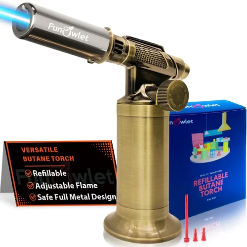 FunOwlet Encendedor de butano recargable, sopletes de soldadura de metal de alta calidad con llama de precisión ajustable para cocina culinaria,