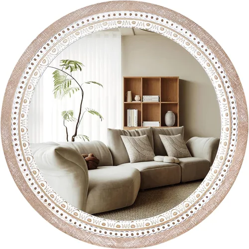 Miniatura 12 de Reflinto Espejos redondos de madera boho de 24 pulgadas para decoración de pared, espejo circular decorativo rústico para baño, sobre fregadero