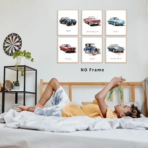 Miniatura 6 de HUACANVASART Impresiones artísticas de pared de automóvil clásico en acuarela, póster de pared de automóvil clásico vintage, póster de arte retro