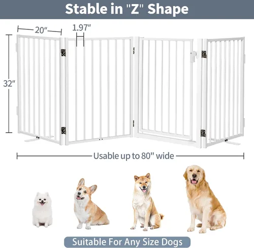 Miniatura 6 de Puertas de metal independientes para perros con puerta para interiores y exteriores, 80 pulgadas, extra ancho, 32 pulgadas de alto, puerta Blanco