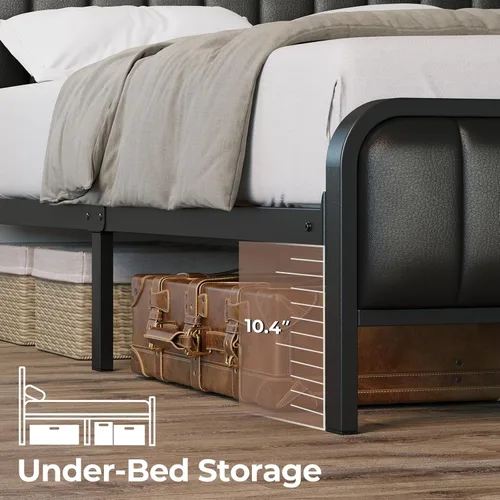 Miniatura 6 de Rolanstar Estructura de cama tamaño completo con luz LED y estación de carga, cabecera y pie de cama tapizados, listones de metal, sin ruido, fácil