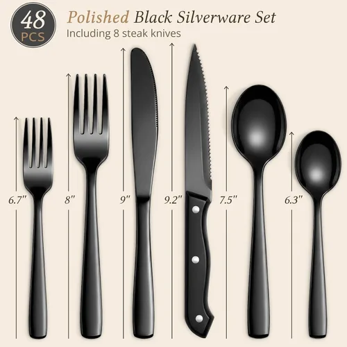 Miniatura 2 de Hiware Juego de cubiertos negros de 48 piezas para cubiertos de acero inoxidable 18/10 con tenedores, cuchillos, cucharas, cuchillos para carne
