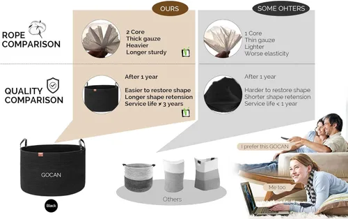 Miniatura 6 de GOCAN Cesta de almacenamiento extragrande para lavandería, 22 x 22 x 14 pulgadas, cuerda de algodón tejida para cesta de mantas con asas para sala