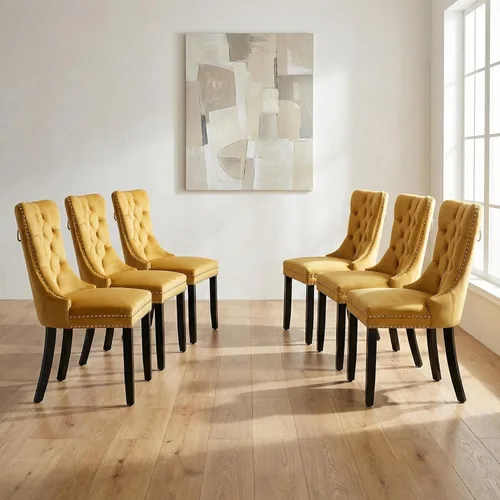 Miniatura 80 de OVENTA Juego de 4 sillas de comedor modernas tapizadas copetudas, terciopelo negro y gris y cuero con patas de madera maciza, sillas de cocina