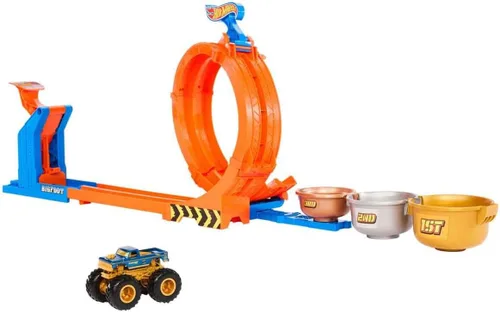 Miniatura 4 de Set de Camiones Juguetes Hot Wheels Monster Trucks y Pista, Juego de Desafío de Trofeo con Bucle y Volteó & Camión Bigfoot Aniversario 50 a Escala