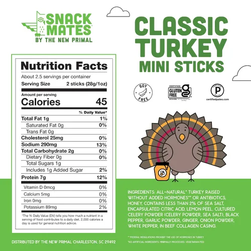 Miniatura 2 de Snack Mates de The New Primal, Barra de Pavo, Pavo 100% Natural, Snack para Niños con Alto Contenido de Proteínas y Bajo Contenido de Azúcar