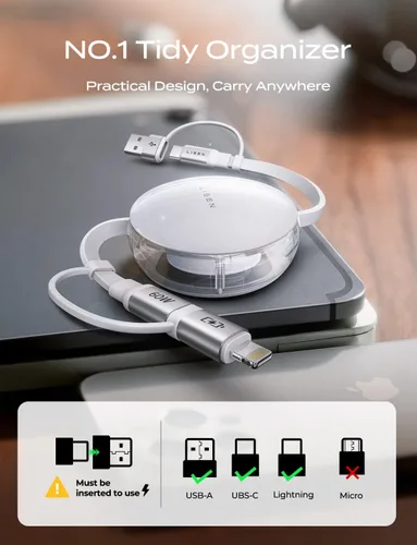 Miniatura 9 de LISEN Cable de carga retráctil 5 en 1, cable de carga múltiple de 60 W con puertos USB-C/A/L, cargadores retráctiles para múltiples dispositivos