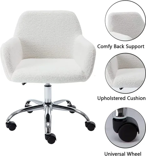 Miniatura 5 de Silla de escritorio giratoria peluda, silla de oficina tapizada de tela de peluche blanca, silla de tocador con ruedas ajustable en altura