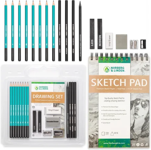 Juego de dibujo - Lápices de bocetos y carboncillo - Almohadilla de dibujo de 100 páginas, goma de borrar moldeable. Kit de arte y suministros para