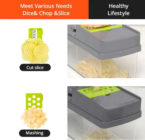 Miniatura 9 de Picador de verduras 15 en 1 con recipiente y tapa, picador de alimentos multifunción, cortador de mandolina, cortador de verduras para cebolla
