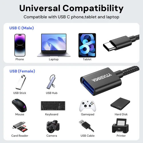 Miniatura 4 de Paquete de 2 adaptadores USB C a USB, cable USB C macho a USB hembra OTG, trenzado de nailon, carcasa de aluminio, compatible con iPhone 17, 16, 15