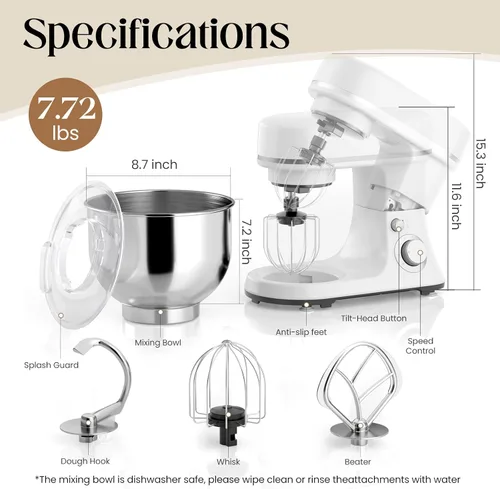 Miniatura 7 de Batidora de pie de 800W con tazón de 5.3QT, 6 velocidades con pulso, batidora eléctrica de cocina, batidora de alimentos con gancho para masa, Blanco