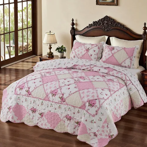 Miniatura 11 de VIVILINEN Juego de edredón de retazos florales azules, tamaño matrimonial, juego de ropa de cama de 3 piezas con 2 fundas de almohada
