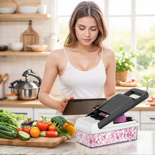 Miniatura 7 de StoreHappily Picador de Verduras 12 en 1, Picador de Verduras de 7 Cuchillas con Recipiente y Tapa, Cortador en Cubitos, Rebanador, Utensilios
