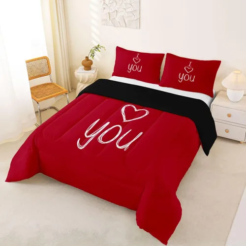 Miniatura 3 de Juego de edredón de San Valentín para parejas, juegos de ropa de cama rojo y blanco para niños, niñas, adolescentes, con texto en inglés "I Love