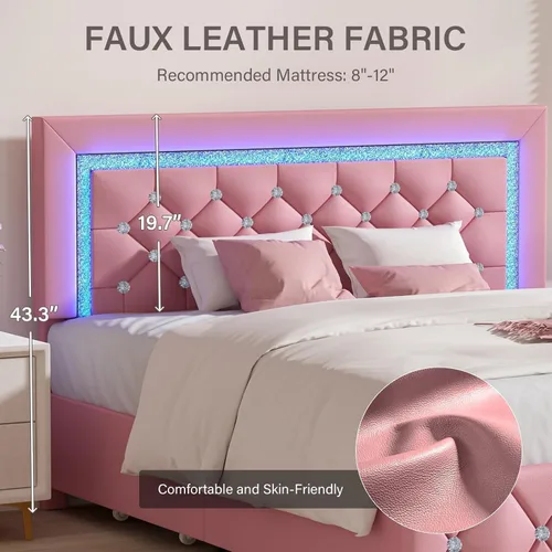 Miniatura 4 de Base de cama tamaño queen con luces LED, plataforma tapizada con cajones de almacenamiento, cama princesa con cabecera y cabecera de diamante,