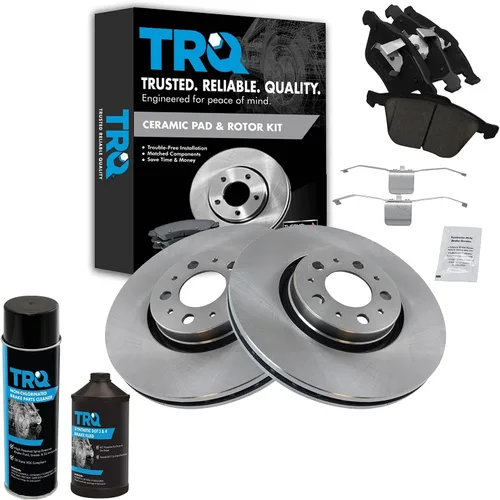 TRQ Kit de pastillas de freno delantero y rotor, kit químico de freno, pastillas de freno de cerámica compatible con Volvo XC90 2003-2014
