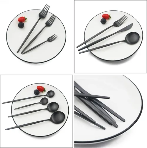 Miniatura 4 de JASHII Juego de vajilla de 32 piezas de acero inoxidable con cuchara de café, cuchara de mango largo, servicio de cubiertos premium para 4 Negro