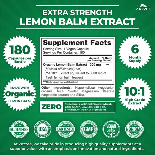 Miniatura 2 de Zazzee Extracto orgánico de bálsamo de limón 10:1, 3000 mg de fuerza por cápsula, 180 cápsulas veganas, suministro para 6 meses, extracto