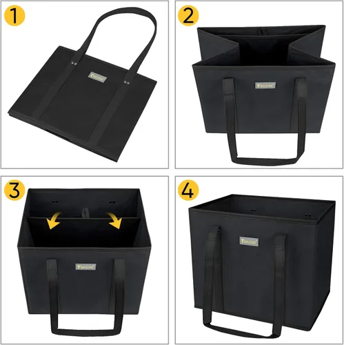 Miniatura 7 de BALEINE Paquete de 3 bolsas de comestibles reutilizables, bolsas de compras plegables para comestibles con parte inferior reforzada y asas (negro)