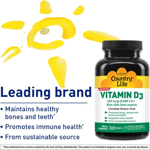 Miniatura 2 de Country Life Vitamina D3 5000 UI – Alta potencia, fuente no pesquera, apoya la salud ósea, la función inmune y la absorción de calcio – 365 cápsulas